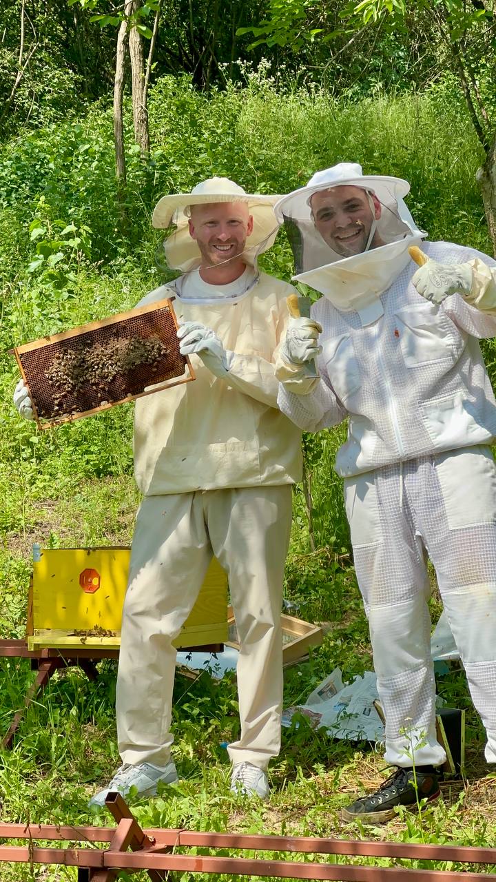 Nemanja and Siniša working the hives